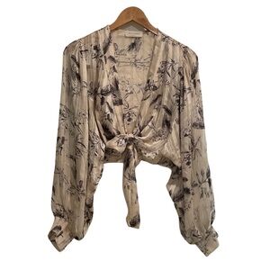 Saints & Hearts Sheer Front Tie Crop Top Long Sleeve Floral Print